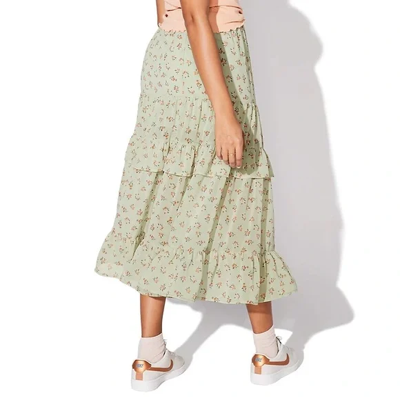 Vylette Floral Flowy Chiffon Tiered Maxi Skirt Green Size XL - Picture 7 of 8